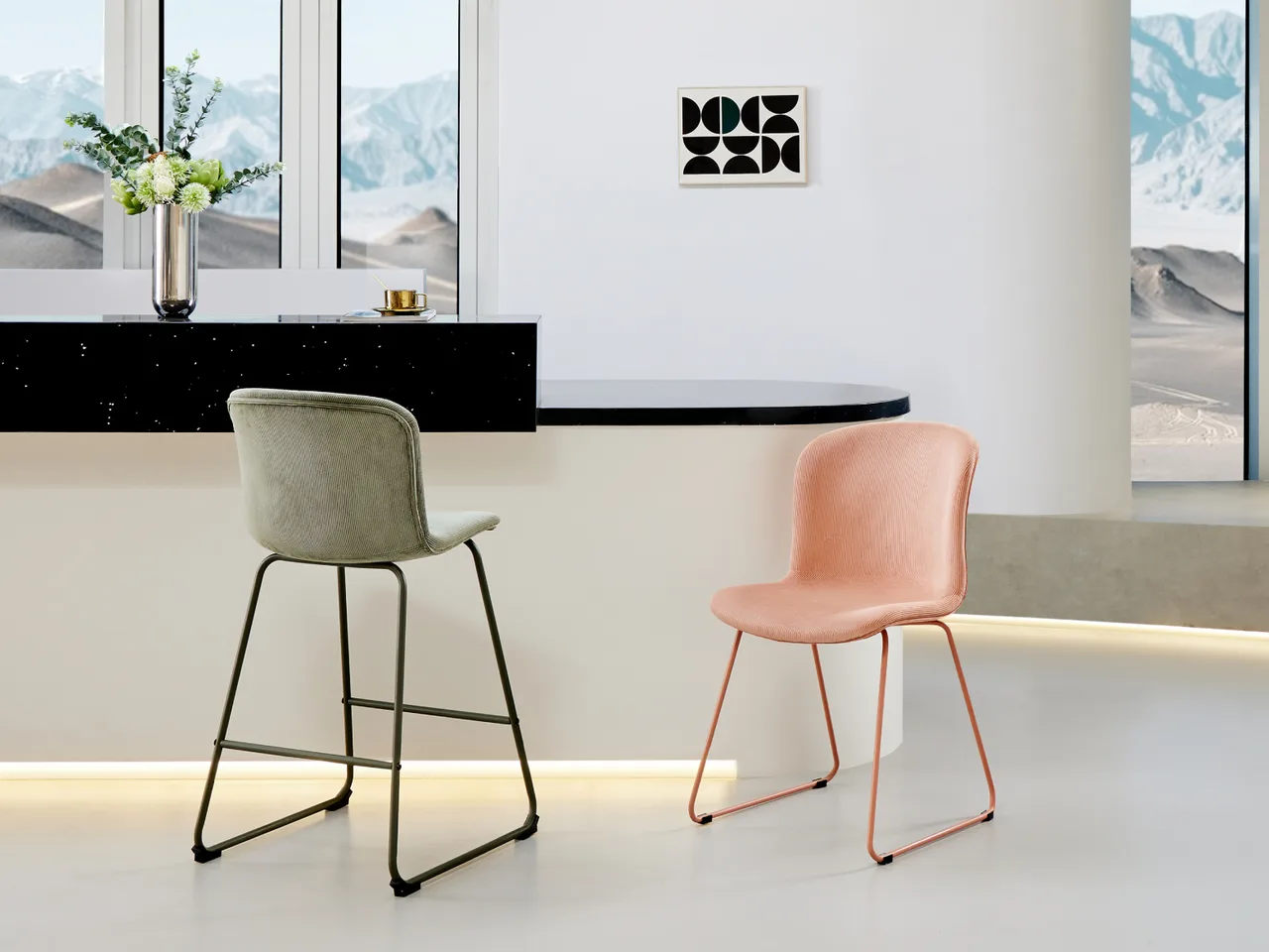 Demu green and pink corduroy bar and counter stools with footrests on slim metal sled frames
