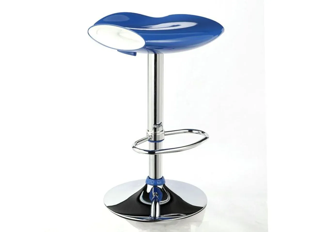 Demu blue gas-lift swivel bar stool with a moulded two-tone seat on a chromed column and trumpet base